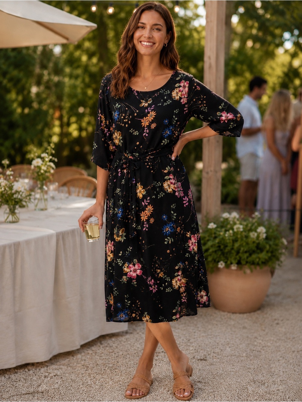 ALCHEMY Floral Tie-Waist Black Rayon Midi Dress Sz M Feminine Flowy Dance Date 🌸